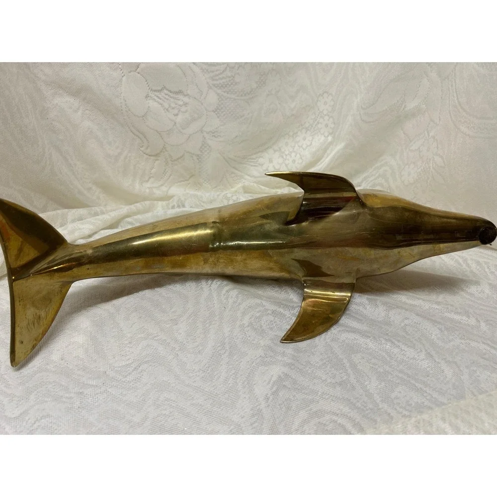 Vintage MCM Brass Dolphin Sculpture Large 17.5 Inch Korea 1960s  5lb Heavy